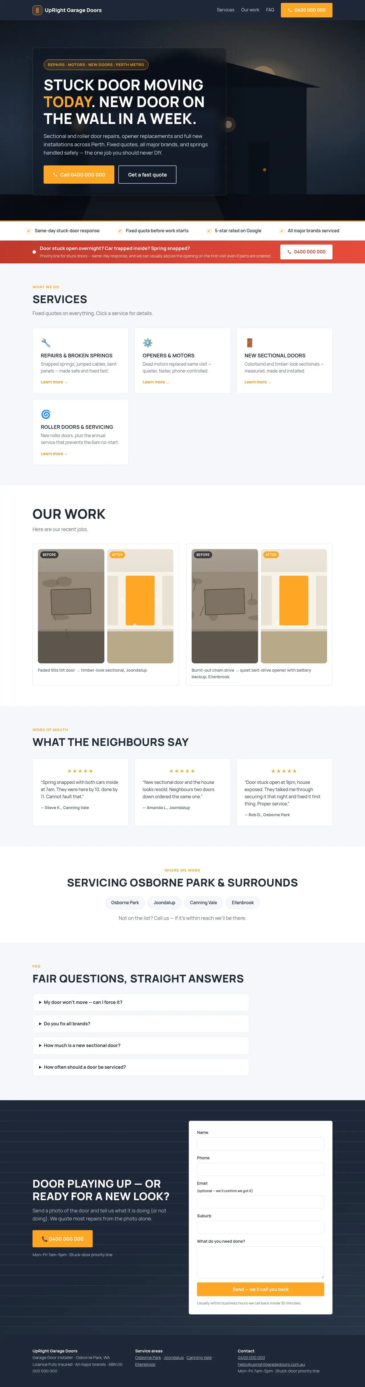 Garage Doors demo website — full page