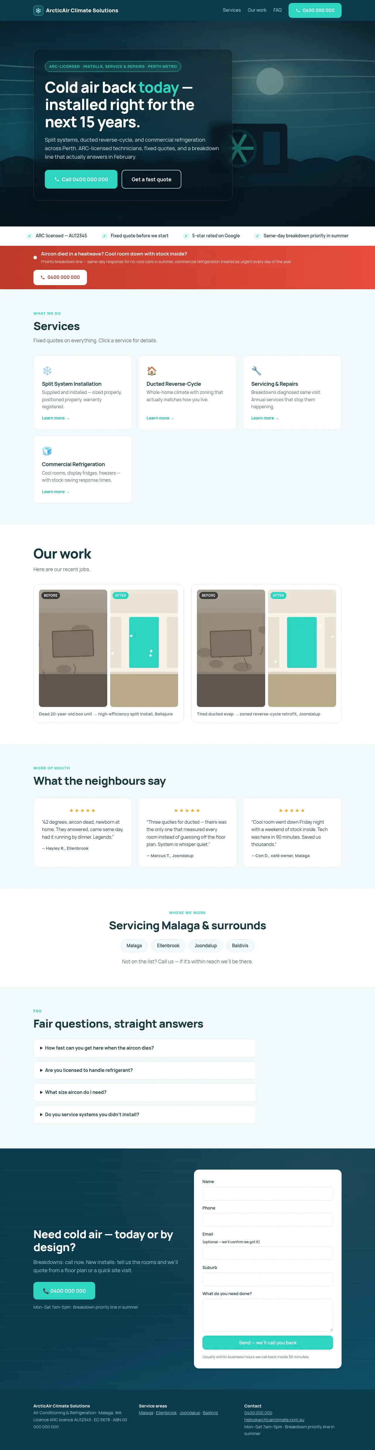 Air Con & Refrigeration demo website — full page