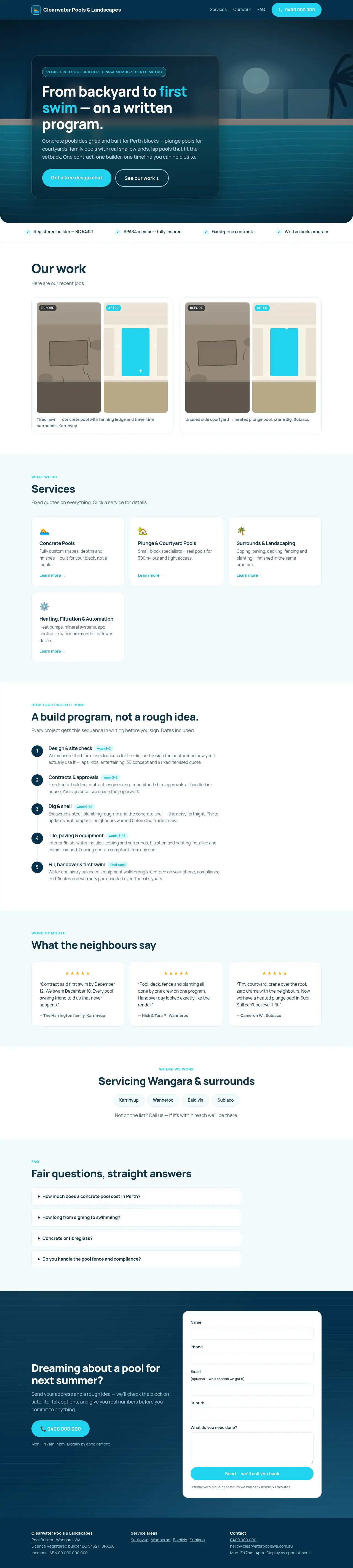 Pool Builder demo website — full page