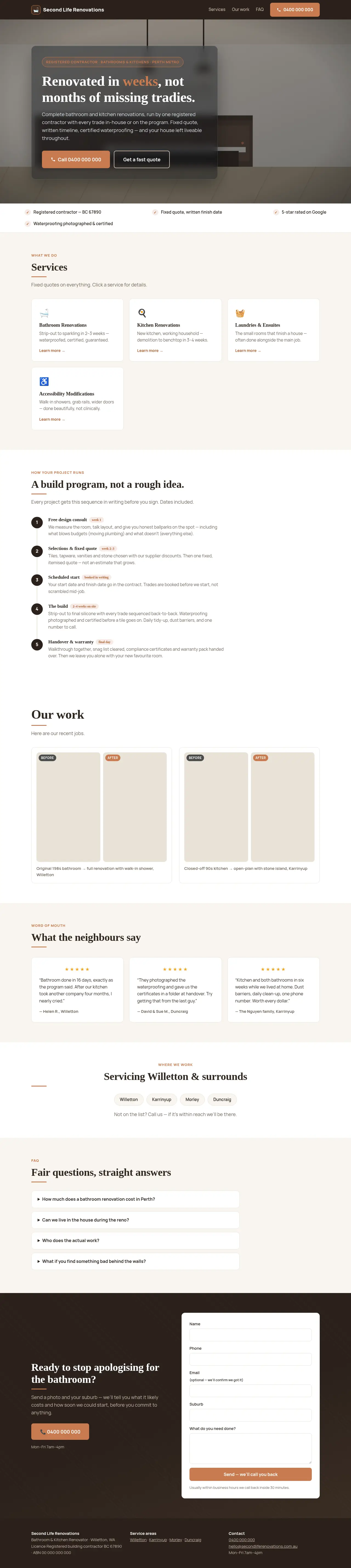 Bathroom & Kitchen Reno demo website — full page