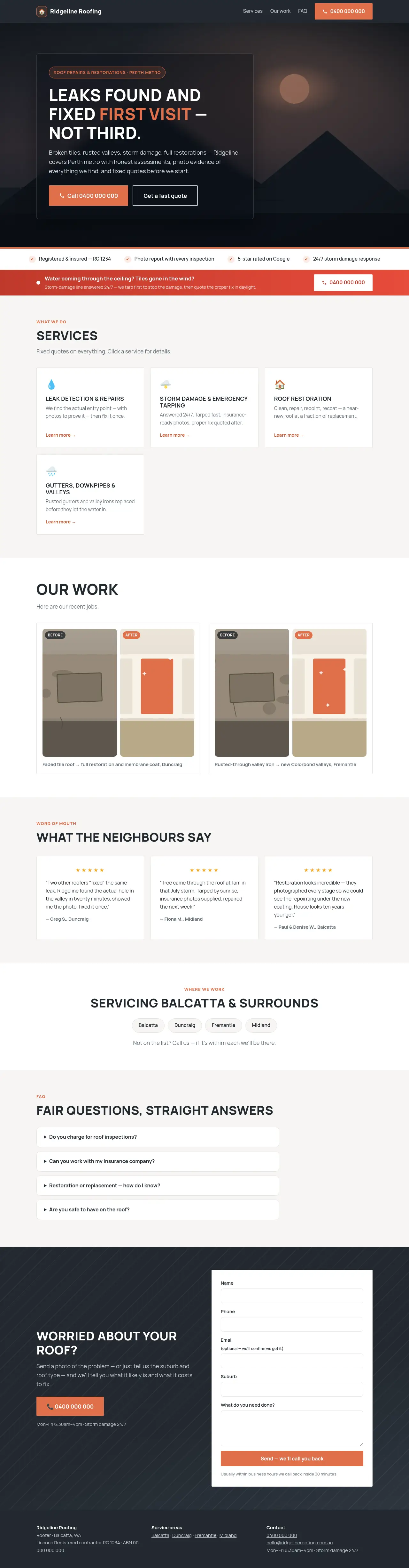 Roofer demo website — full page